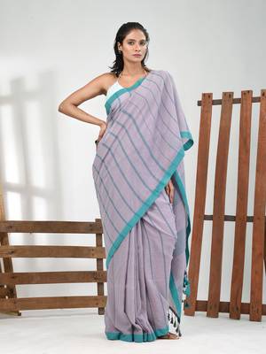 Grey cotton soft saree with stripe pattern 1