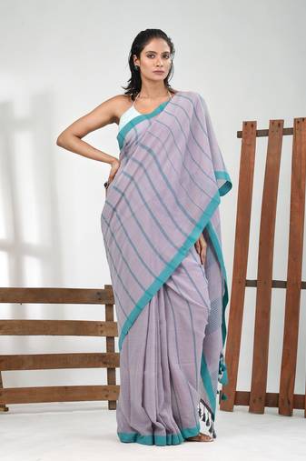 Grey cotton soft saree with stripe pattern