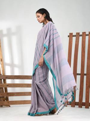 Grey cotton soft saree with stripe pattern 2