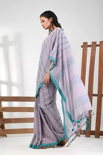 Grey cotton soft saree with stripe pattern