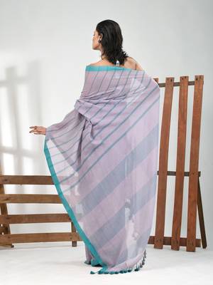 Grey cotton soft saree with stripe pattern 3