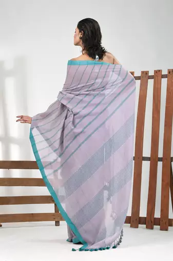 Grey cotton soft saree with stripe pattern