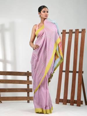 Light violet cotton soft saree with stripe pattern 1