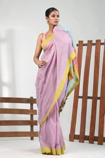 Light violet cotton soft saree with stripe pattern