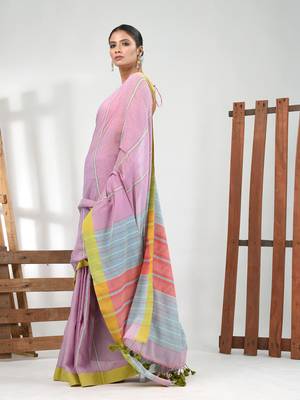 Light violet cotton soft saree with stripe pattern 2