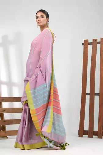 Light violet cotton soft saree with stripe pattern