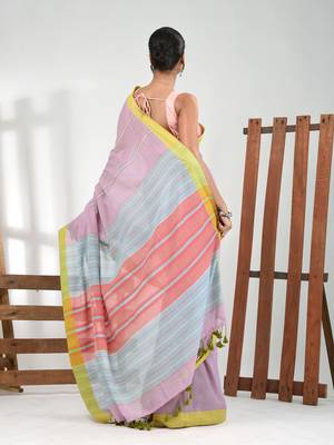 Light violet cotton soft saree with stripe pattern 3