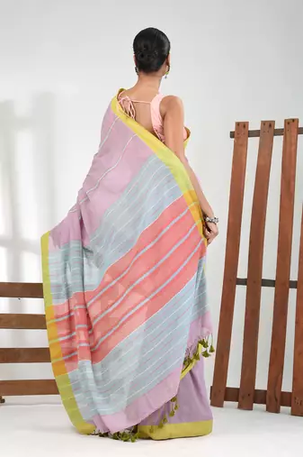 Light violet cotton soft saree with stripe pattern