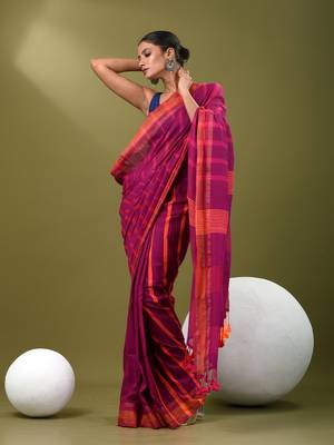 Magenta cotton soft saree with stripe pattern 1