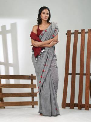 Grey cotton soft saree with pompom 1