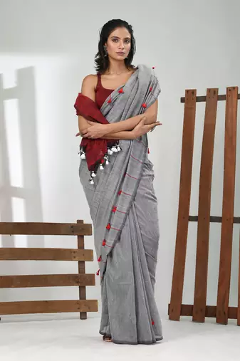 Grey cotton soft saree with pompom
