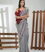 Grey cotton soft saree with pompom