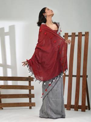 Grey cotton soft saree with pompom 2