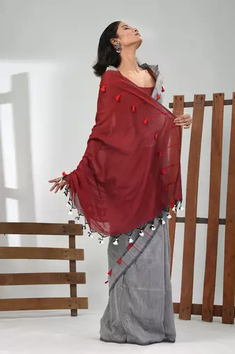 Grey cotton soft saree with pompom