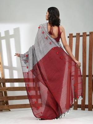Grey cotton soft saree with pompom 3