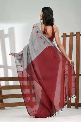 Grey cotton soft saree with pompom