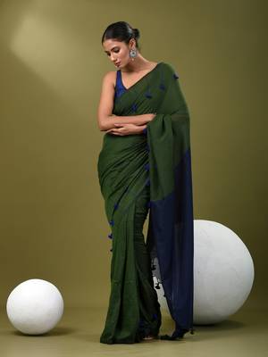 Green cotton soft saree with pompom 1