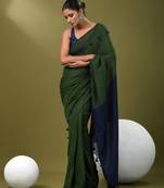 Green cotton soft saree with pompom