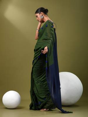 Green cotton soft saree with pompom 2