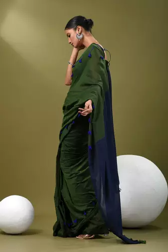 Green cotton soft saree with pompom