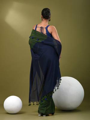 Green cotton soft saree with pompom 3
