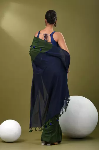 Green cotton soft saree with pompom