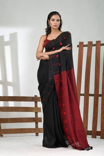 Black cotton soft saree with pompom