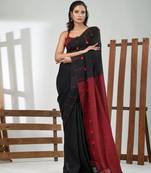 Black cotton soft saree with pompom