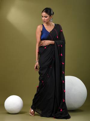 Black cotton soft saree with pompom 1