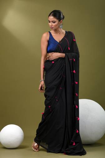 Black cotton soft saree with pompom