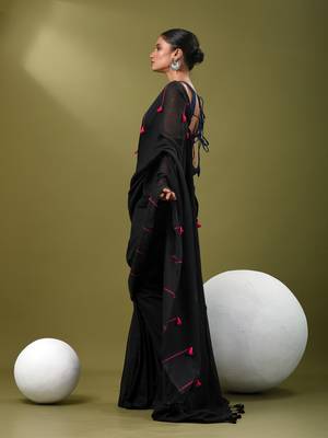 Black cotton soft saree with pompom 2