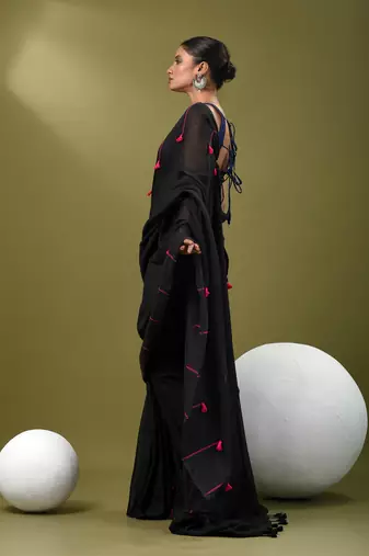 Black cotton soft saree with pompom