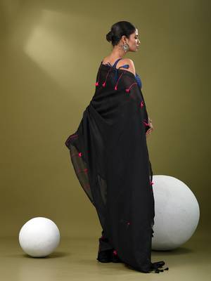 Black cotton soft saree with pompom 3
