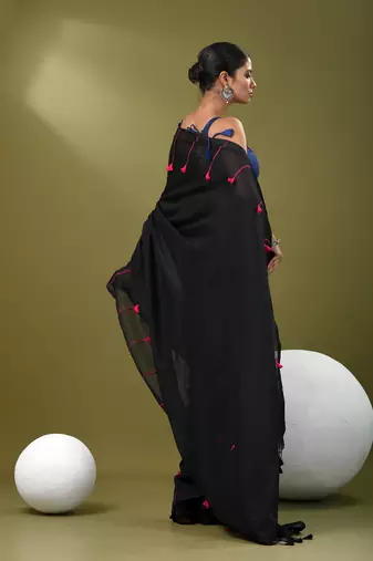 Black cotton soft saree with pompom