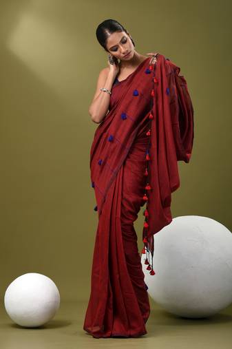 Dark red cotton soft saree with pompom
