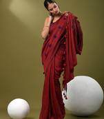Dark red cotton soft saree with pompom