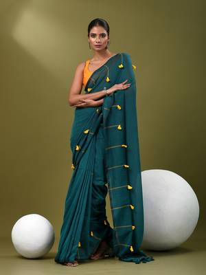 Teal cotton soft saree with pompom 1
