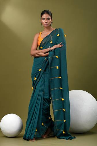 Teal cotton soft saree with pompom
