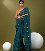 Teal cotton soft saree with pompom