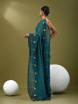 Teal cotton soft saree with pompom 2