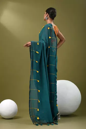 Teal cotton soft saree with pompom