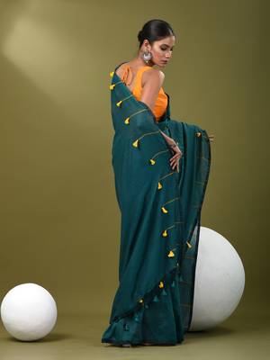 Teal cotton soft saree with pompom 3
