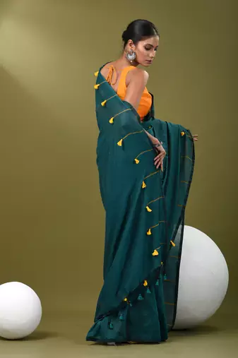 Teal cotton soft saree with pompom