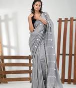 Grey cotton soft saree with pompom