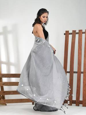 Grey cotton soft saree with pompom 2
