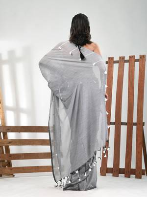 Grey cotton soft saree with pompom 3