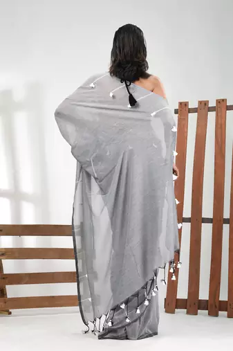 Grey cotton soft saree with pompom