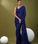 Blue cotton soft saree with pompom