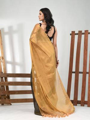 Golden tissue soft saree with pompom 3