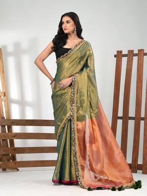 Green and orange shimmer tissue saree with gota patti borders 1